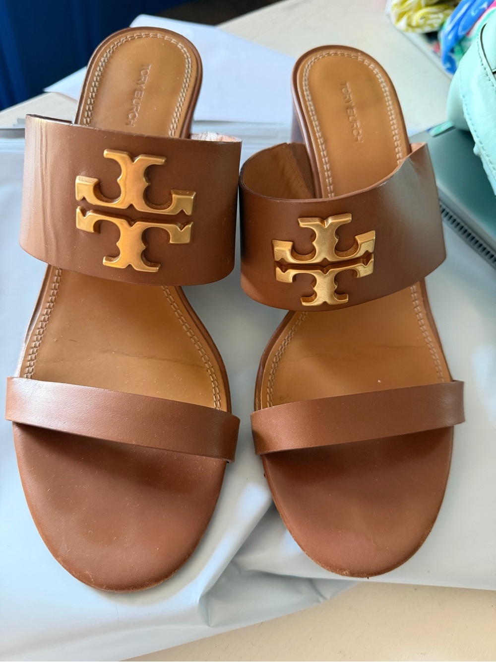 Tory Burch Brown Leather Double-Strap Slide Sandals with Gold Logo